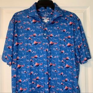 Tailorbyrd Men Golf Polo Shirt Blue Sharks Short Sleeve Size L Performance Slim